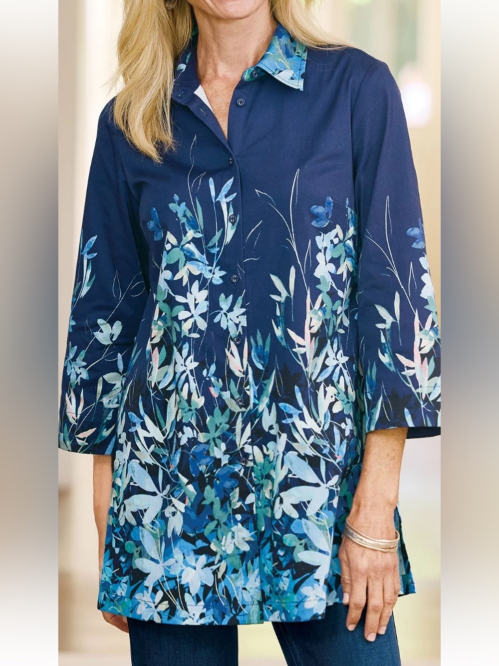 NWOT Soft Surroundings Navy Floral Button-Front Tunic